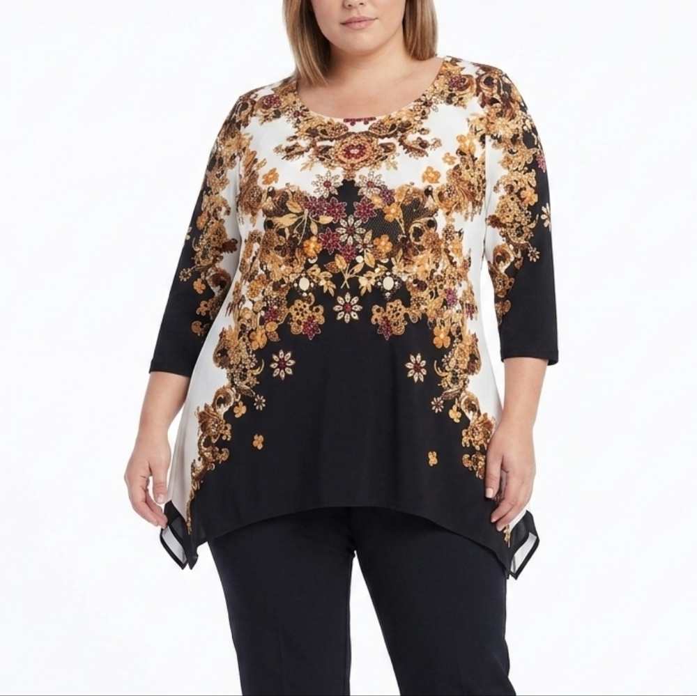 2x Plus Size Floral Border Print Tunic Top Black & Gold Shirt Dressy Embellished